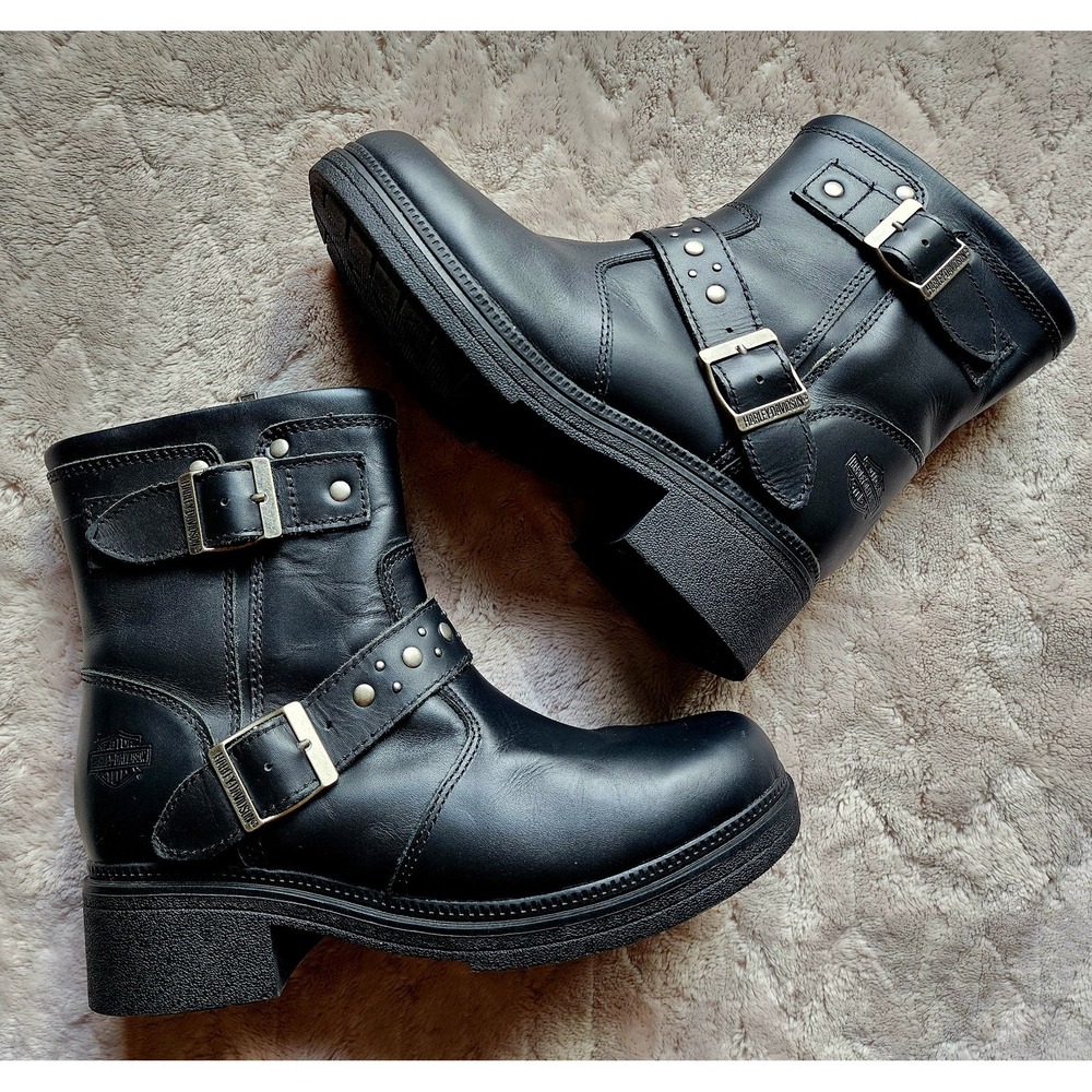 Harley Davidson Chryse Black Leather Motorcycle Boots Womens 6 Biker D83751